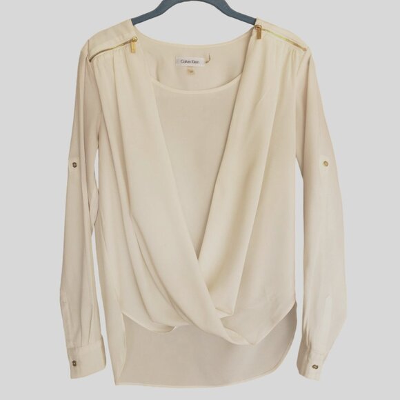 Calvin Klein Womens Blouse M Ivory Drape Front Lng Slv Elegant Hi Low Business - Picture 5 of 8